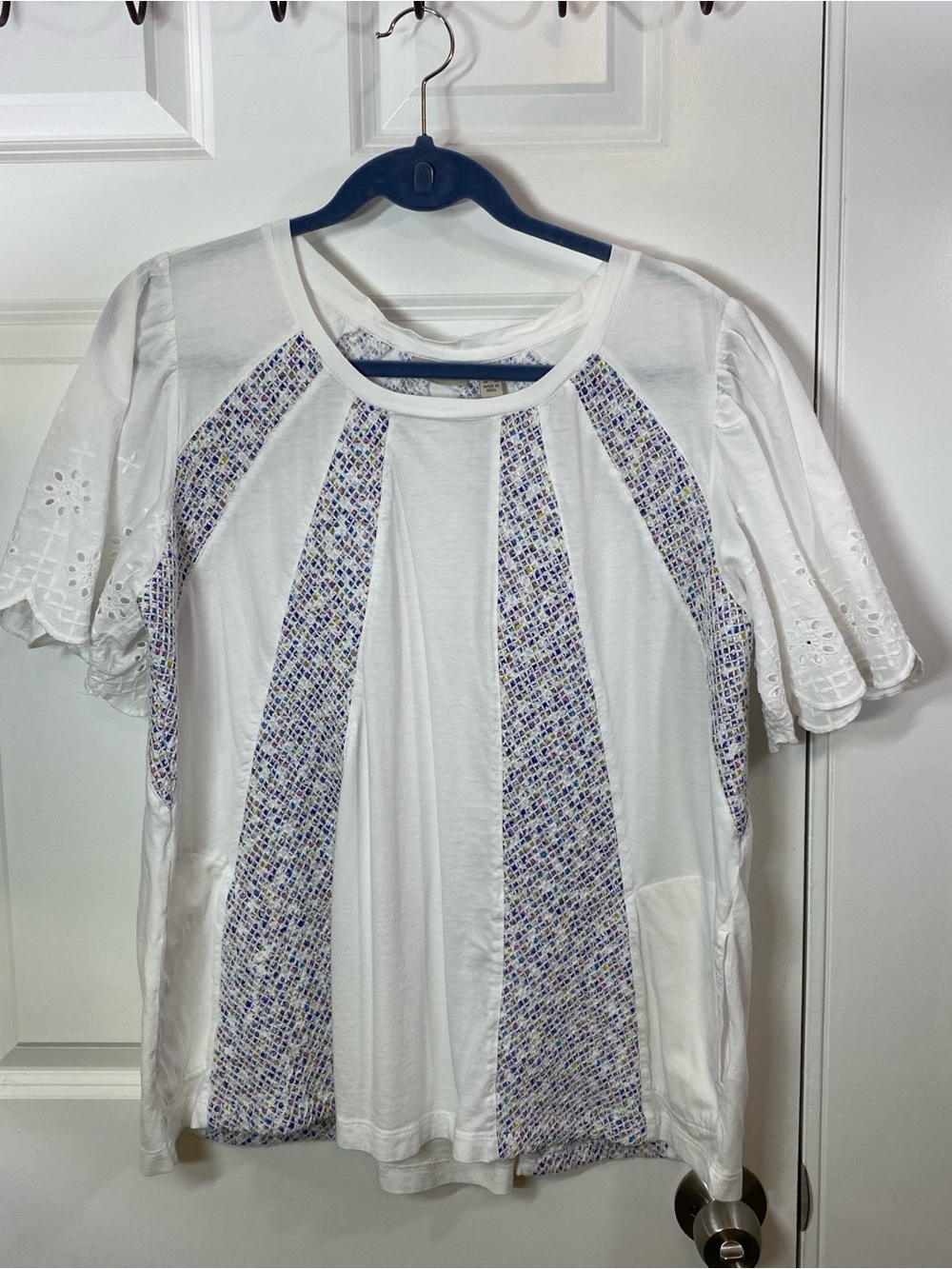 LOGO by Lori Goldstein White Tee with Blue Patterned Panels